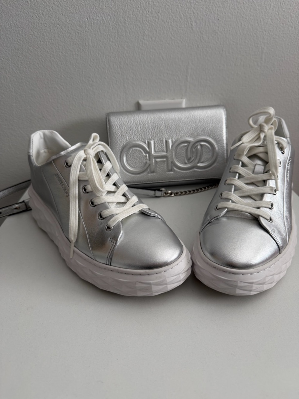 Jimmy Choo Metallic Silver Platform Sneakers